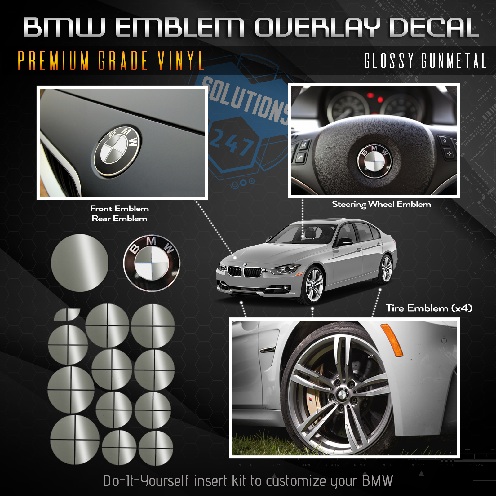 Gloss Black BMW Emblem Vinyl Overlay Rims Hood Trunk Steering Wheel Decal