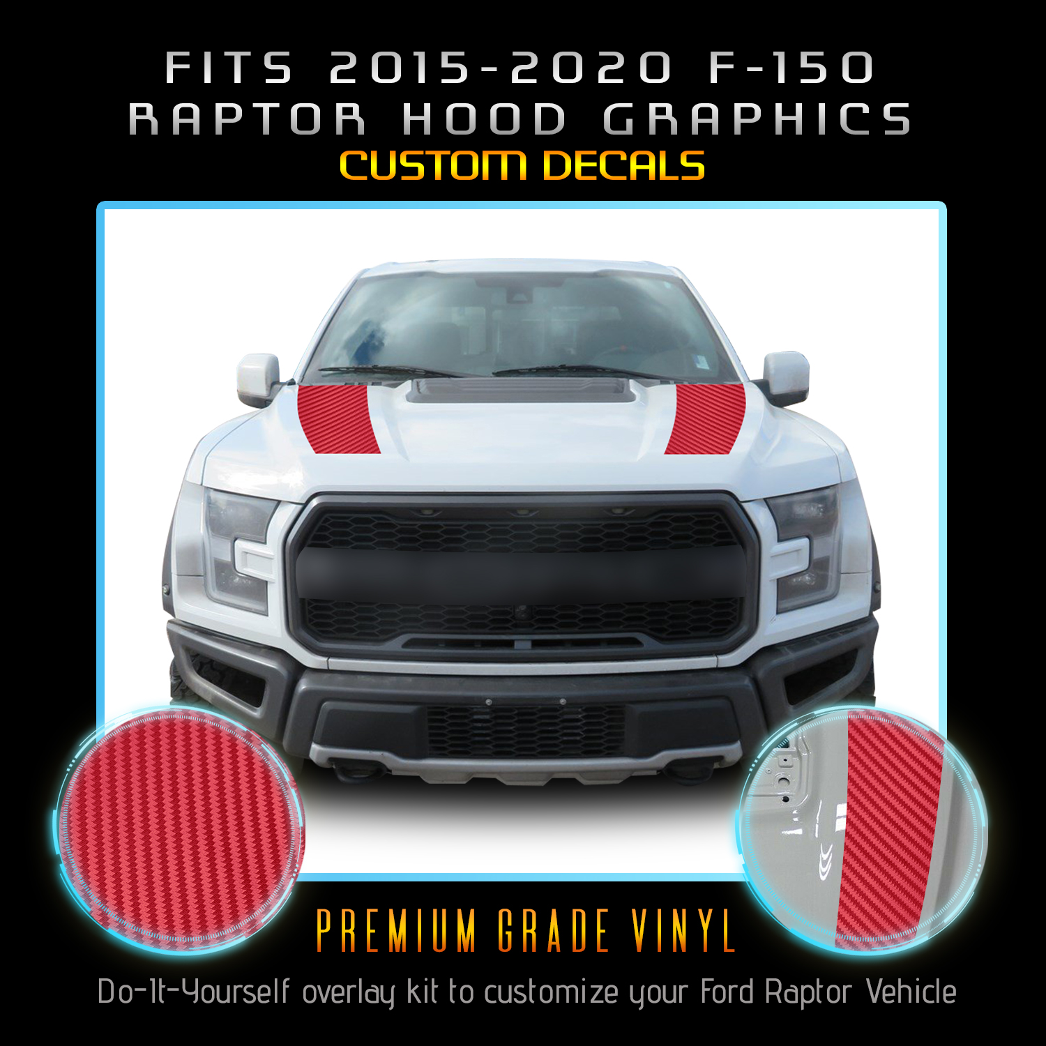 For 2017-2020 Ford Raptor F150 Hood Stripes Graphic Decals - Matte Carbon  Fiber