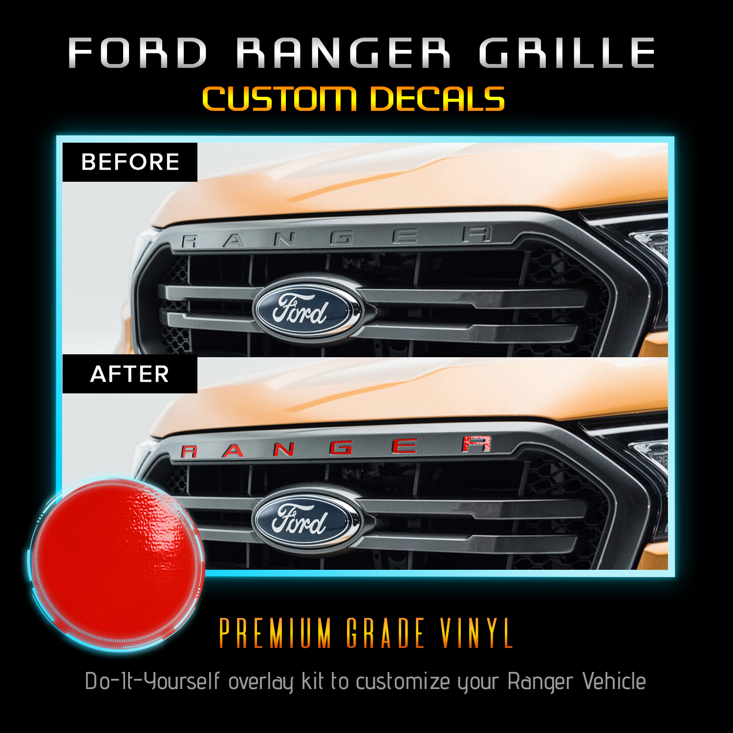 Details About Premium Front Grille Letters Insert Decal Fit 2019 Ford Ranger Glossy Matte