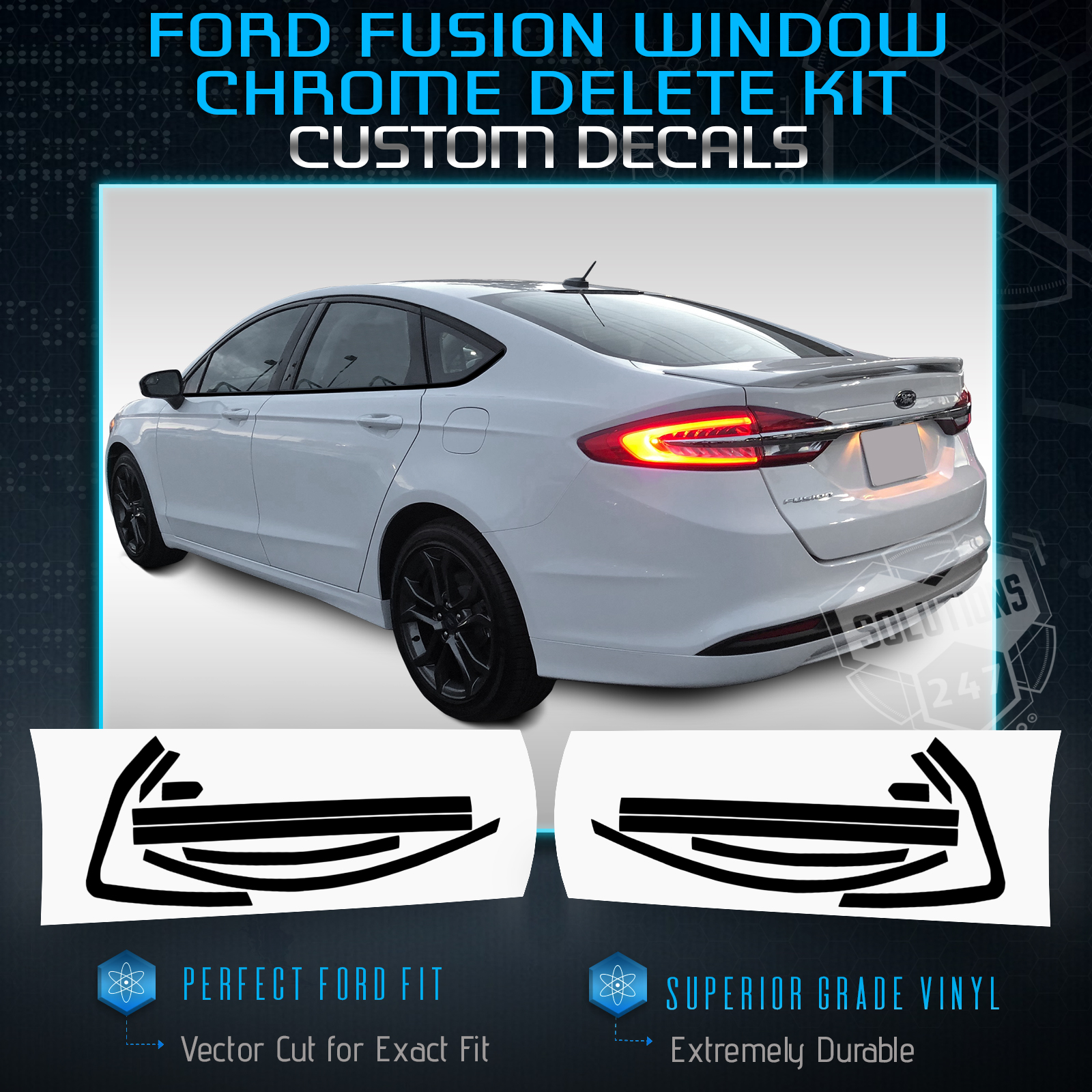 thumbnail image 2 of Chrome Delete Window Trim Overlay Kit For Ford Fusion 2013-2020 (Glossy Black) 2 of 3