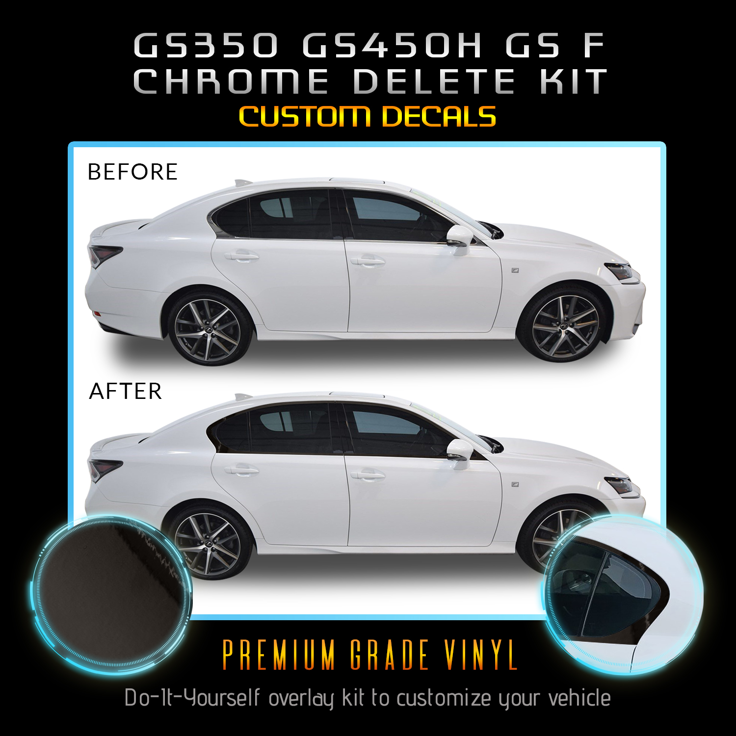 Gloss Black Vinyl Overlay Kit For 2016-2020 Lexus GS Grille - Chrome Delete