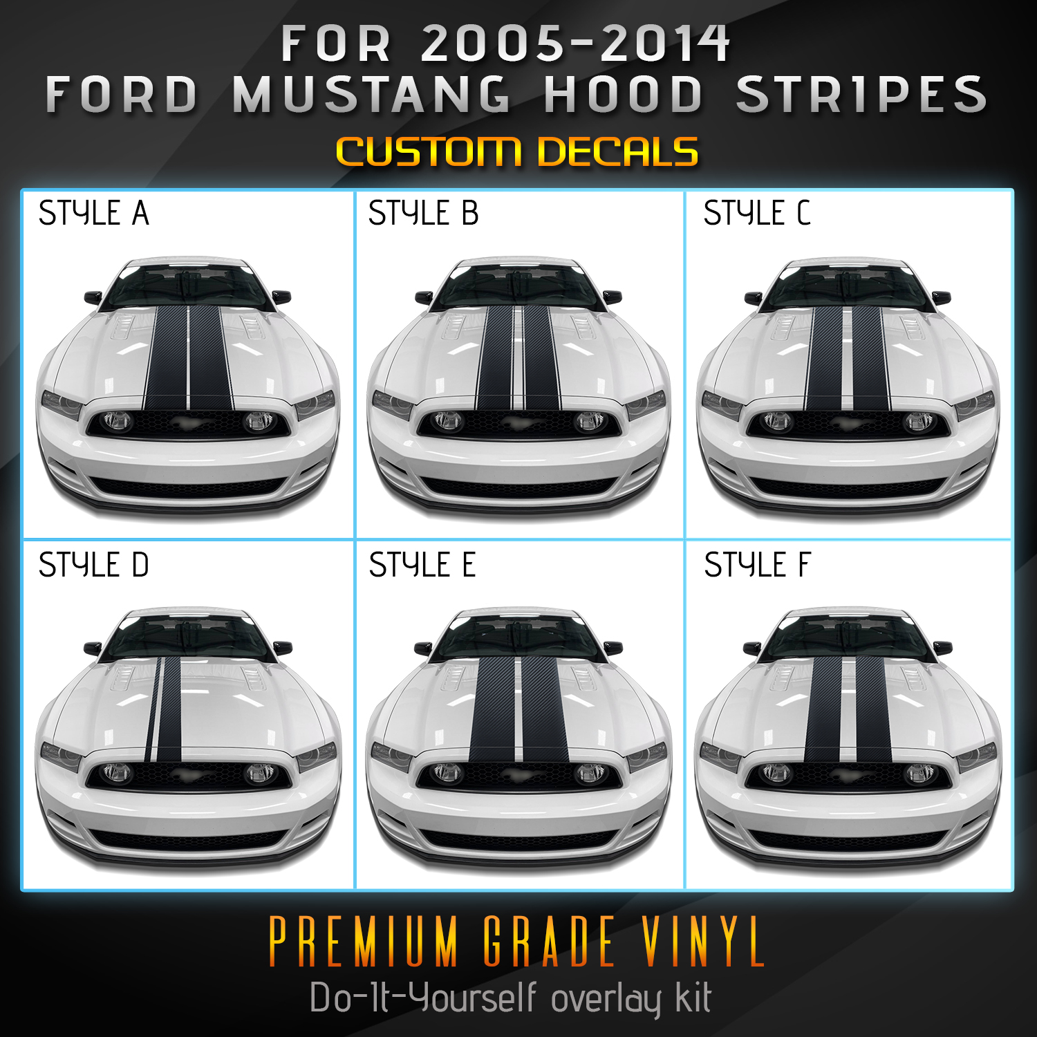For 2005-2014 Ford Mustang Hood Rally Stripes Graphic Decal - Matte Carbon  Fiber
